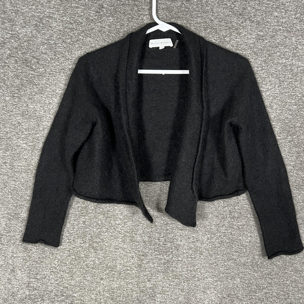 White + Warren Shrug Sweater Womens Large Black 100% Cashmere Cropped Open Front